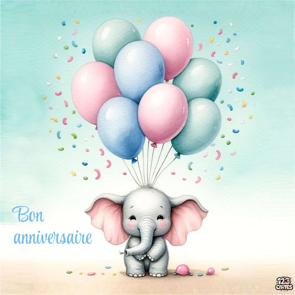 petit éléphant, confettis, ballons, pastel, aquarelle