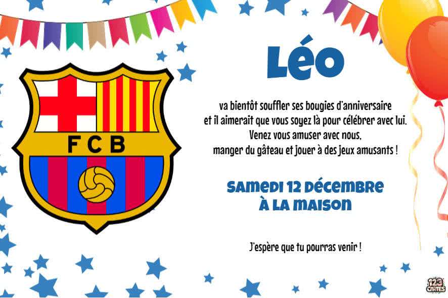 invitation anniversaire à imprimer avec le logo du club de foot FC Barcelone