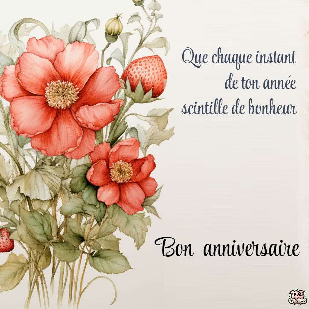 fleurs, fraises, plantes vertes image anniversaire