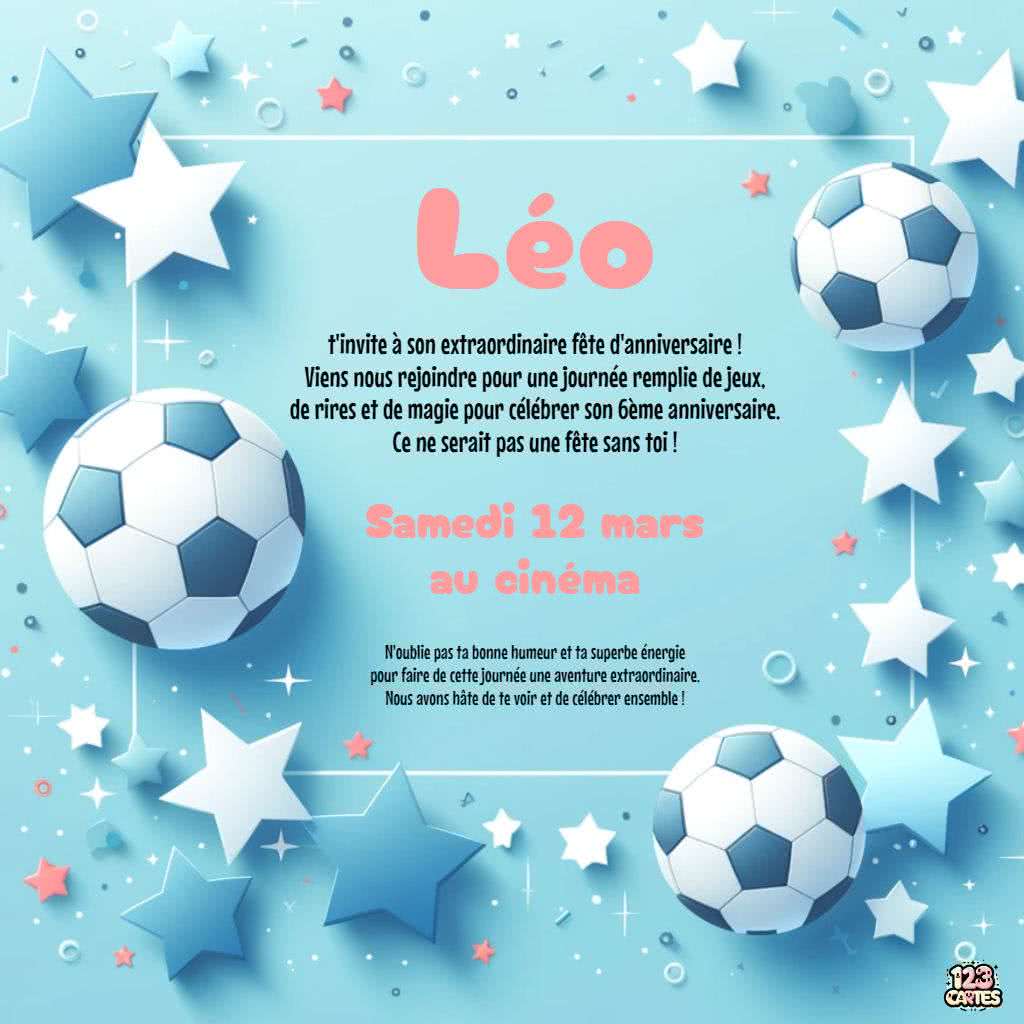 invitation anniversaire foot et étoiles, bleu azure