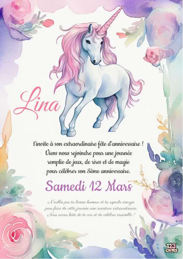 licorne crinière rose, royale, aquarelle, invitation anniversaire