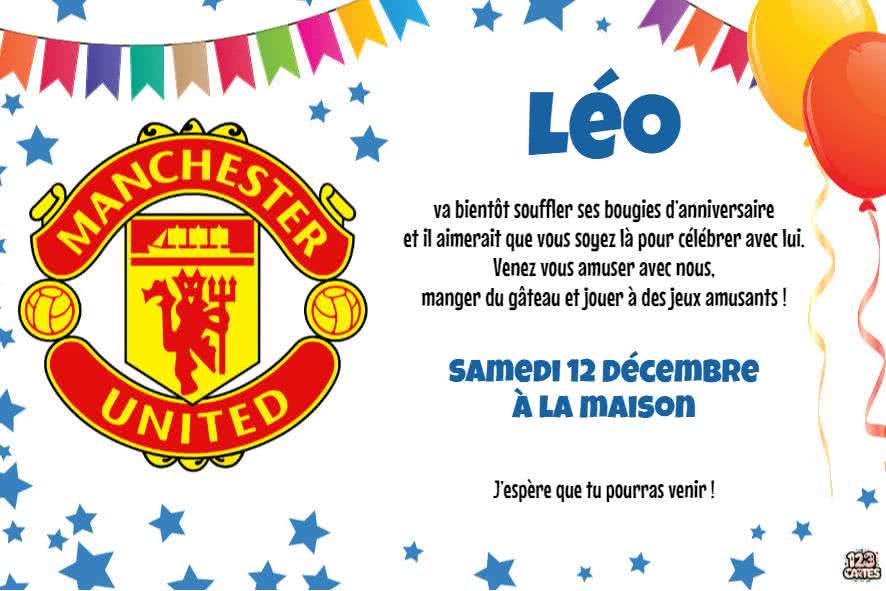 invitation anniversaire à imprimer avec le logo du club de foot Manchester united