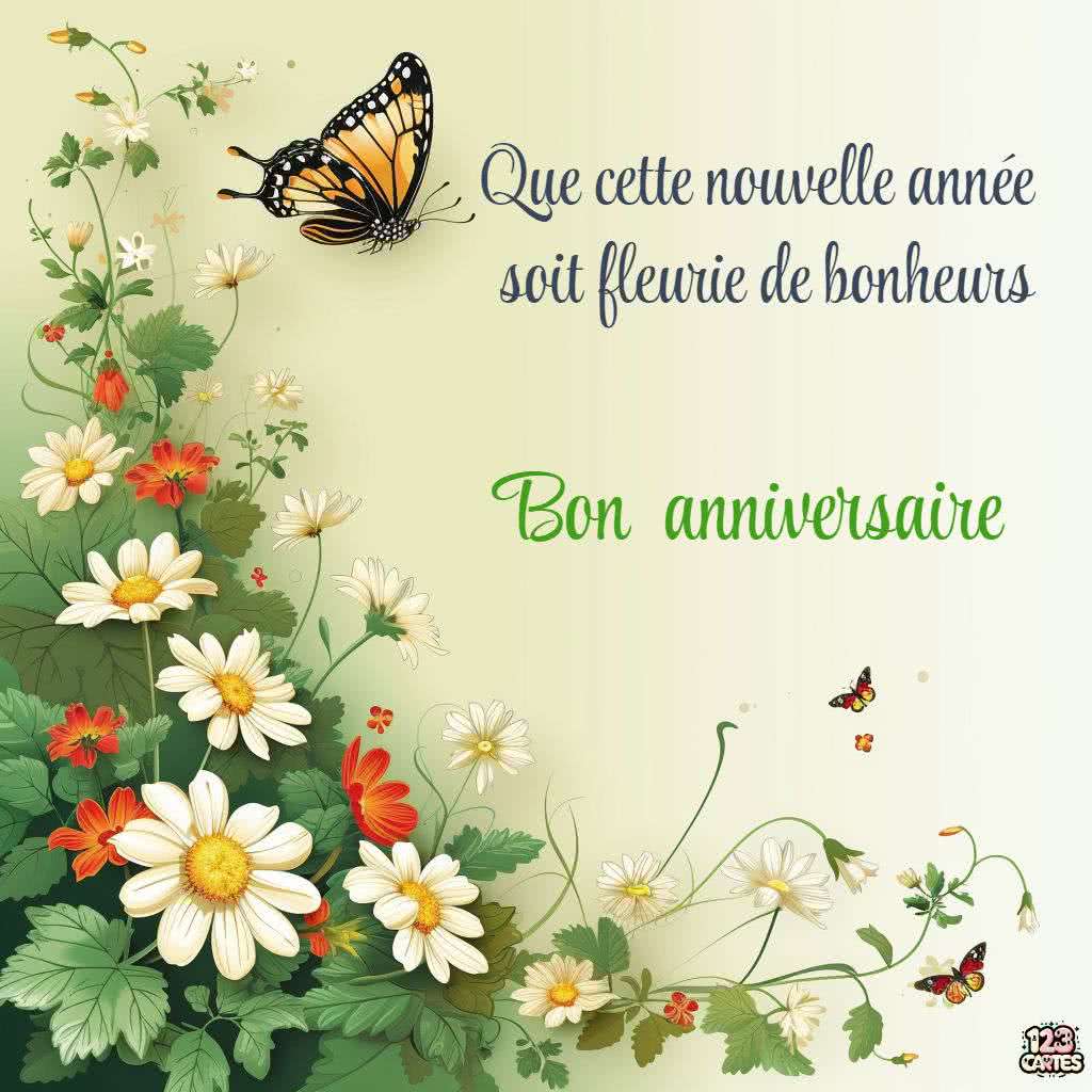 fleurs marguerites, papillons, image voeux anniversaire