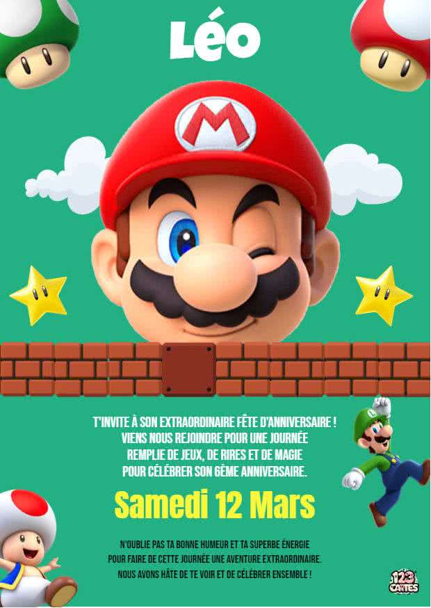 mario Luigi Toad carte d'invitation anniversaire