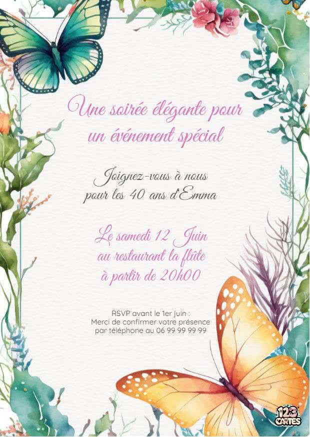 papillon vert jaune fleurs invitation adultes