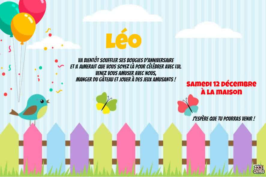 petit oiseau jardin papillons, invitation anniversaire enfants