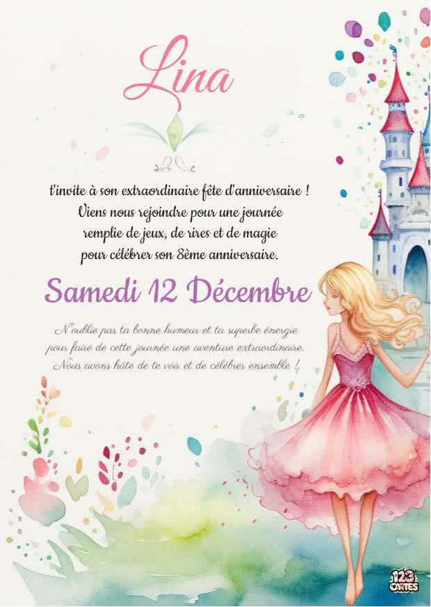 princesse robe, élégance royale, château princesse invitation anniversaire