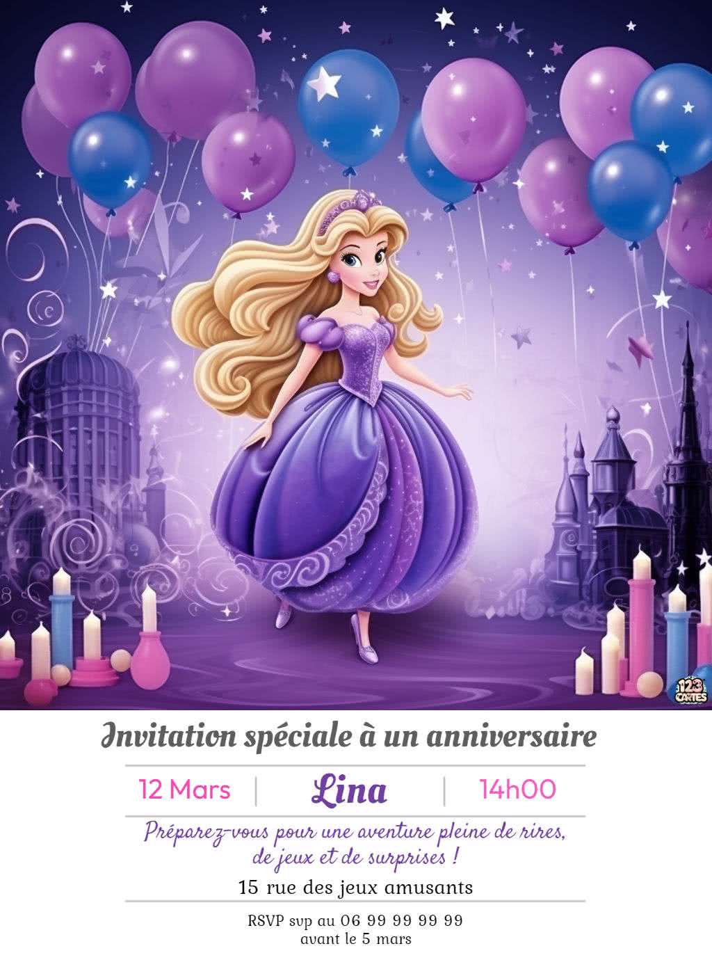 invitation anniversaire à imprimer princesse en robe pourpre