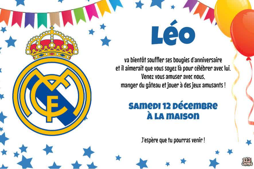 invitation anniversaire gratuite à imprimer avec le logo du club de foot Real madrid