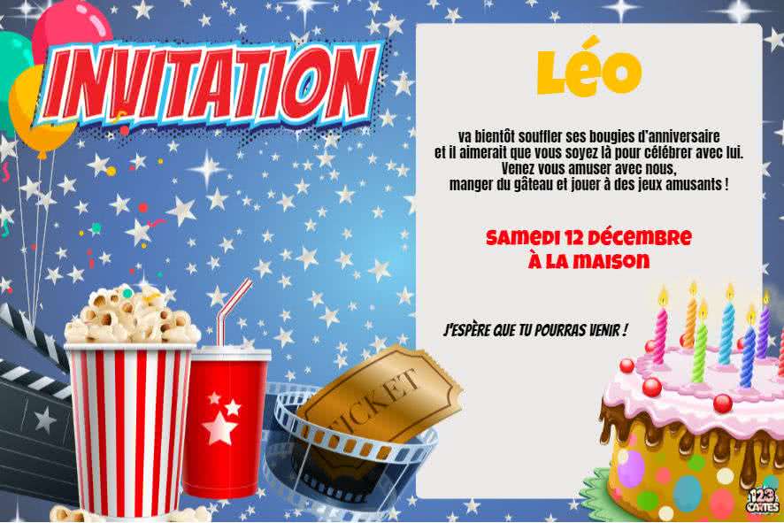 popcorn, boisson, ticket de cinéma, invitation anniversaire