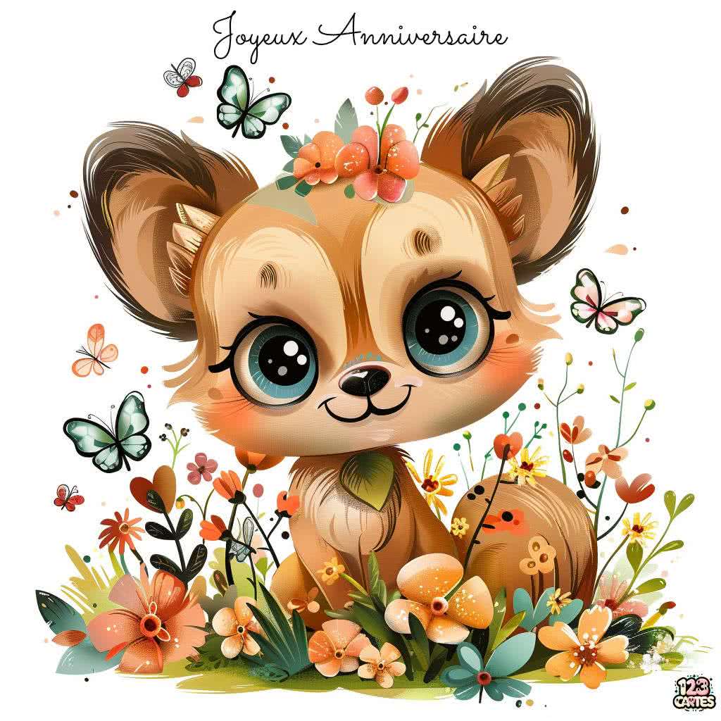 mignon animal grands yeux, papillons, fleurs