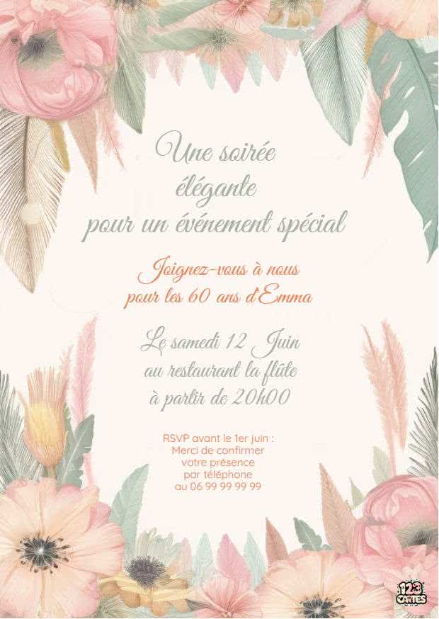 dessin fleurs et plumes, invitation adultes