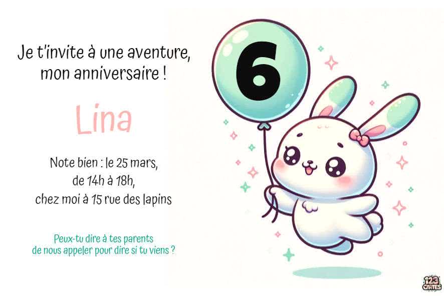 lapin qaccroché à un ballon qui vol dans les airs, invitation anniversaire