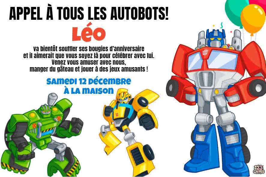 transformers, optimus prime, Boulder, Bumblebee, invitation anniversaire enfants