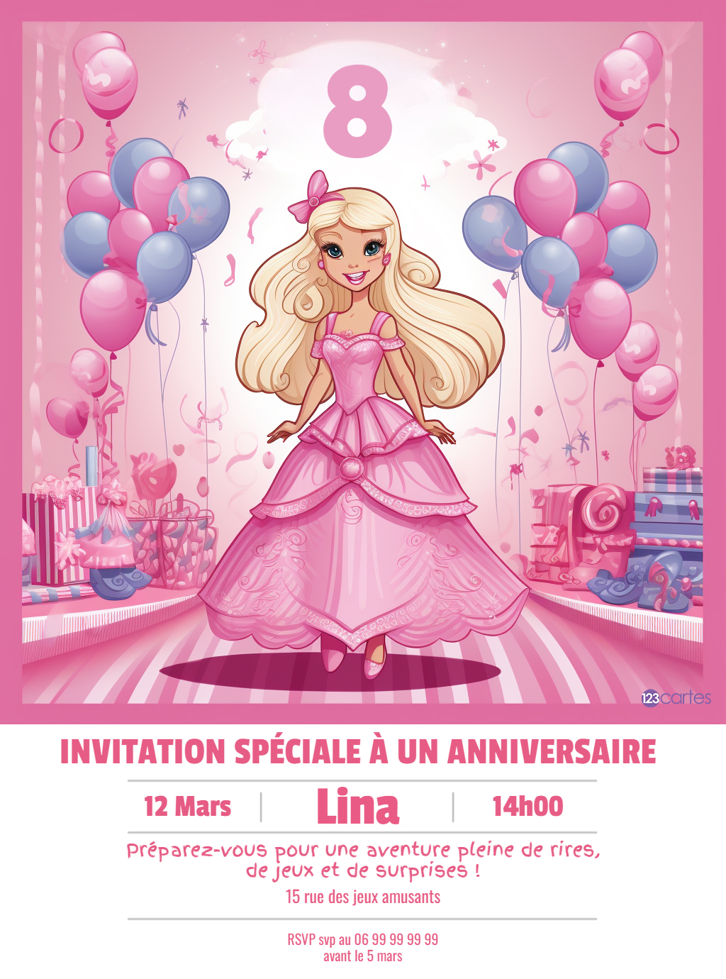 Barbie dans belle robe de princesse rose invitation anniversaire