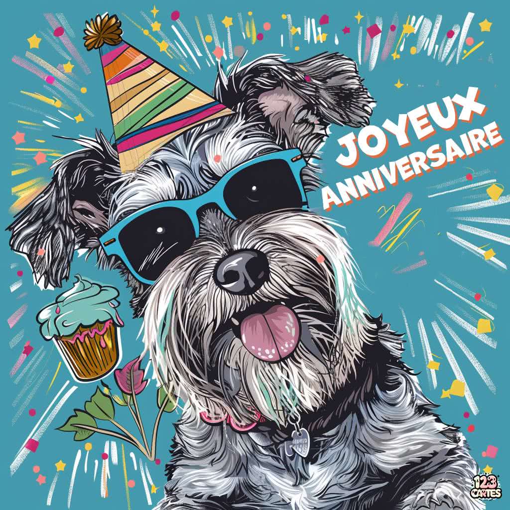 Chien Schnauzer qui porte des lunettes carte joyeux anniversaire