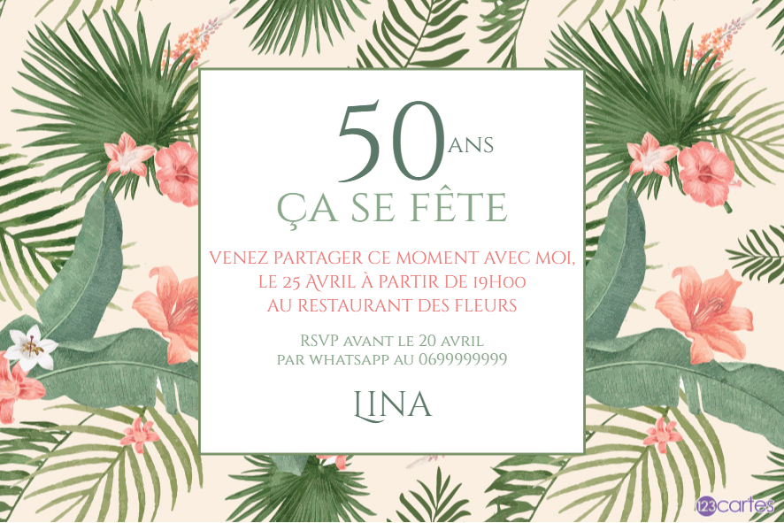 feuille palmier et fleurs invitation anniversaire 50 ans