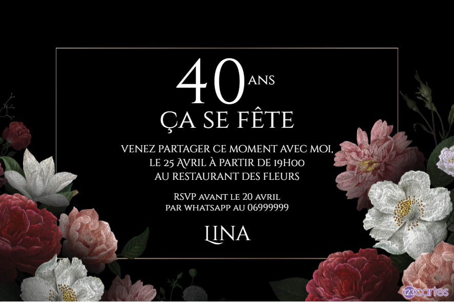 fleur nocturne invitation anniversaire 40 ans