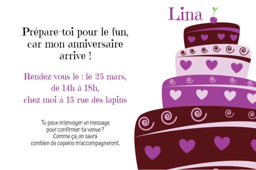 gâteau décoré avec des coeurs invitation anniversaire