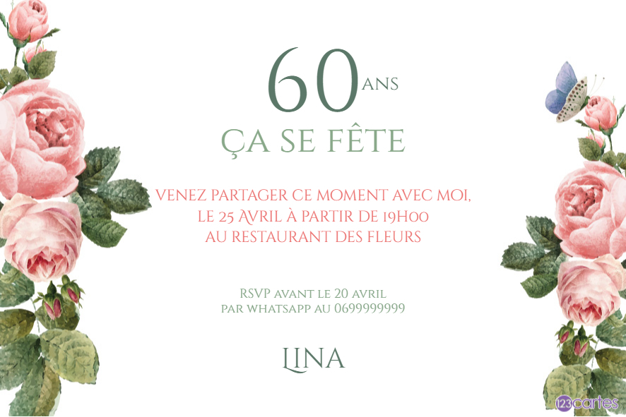 jardin fleurs roses papillon invitation anniversaire 60 ans