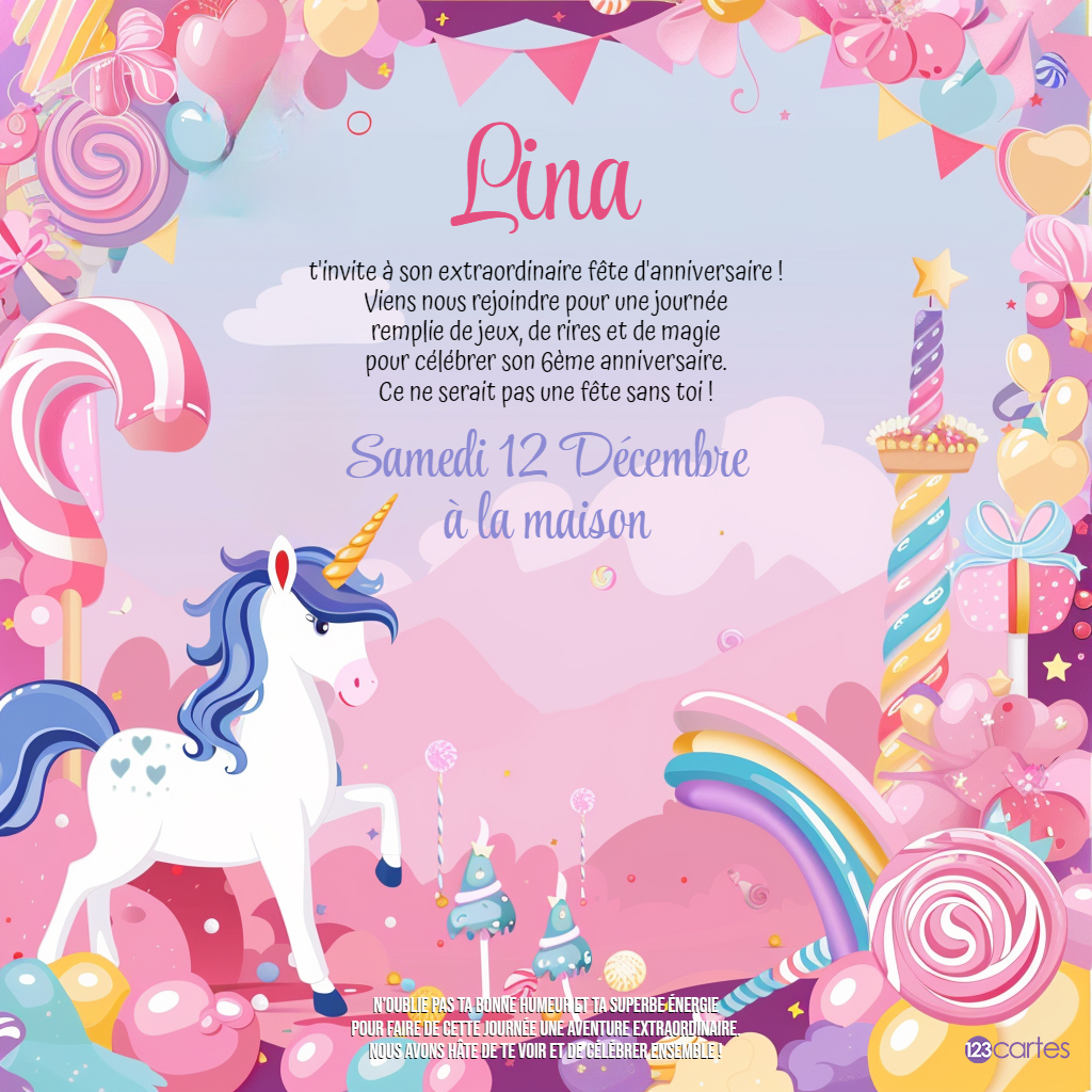 Licorne au pays des bonbons invitation anniversaire