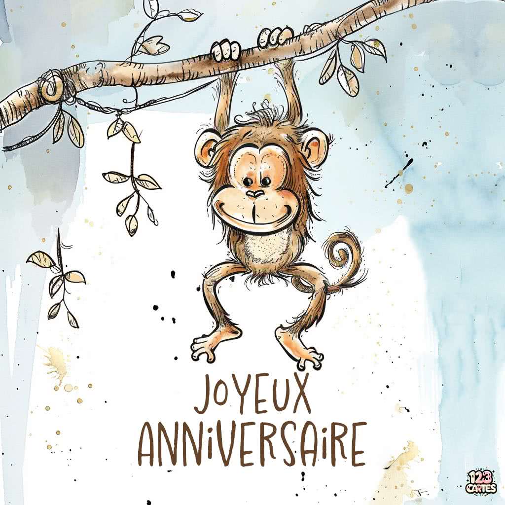 Mignon singe accroché à un arbre carte joyeux anniversaire