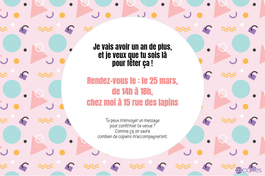 motif rond et triangle sur un fond rose invitation anniversaire