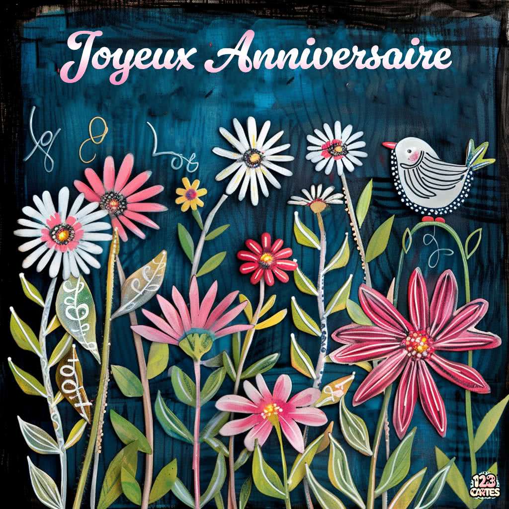 L'oiseau de minuit et sa symphonie de fleurs carte joyeux anniversaire