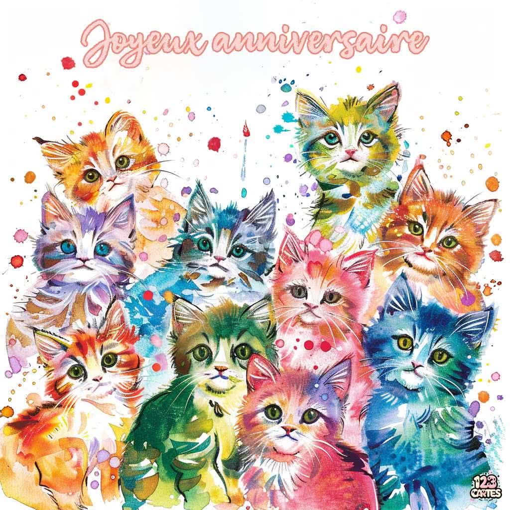 pinceaux et pattes couleurs chats carte joyeux anniversaire