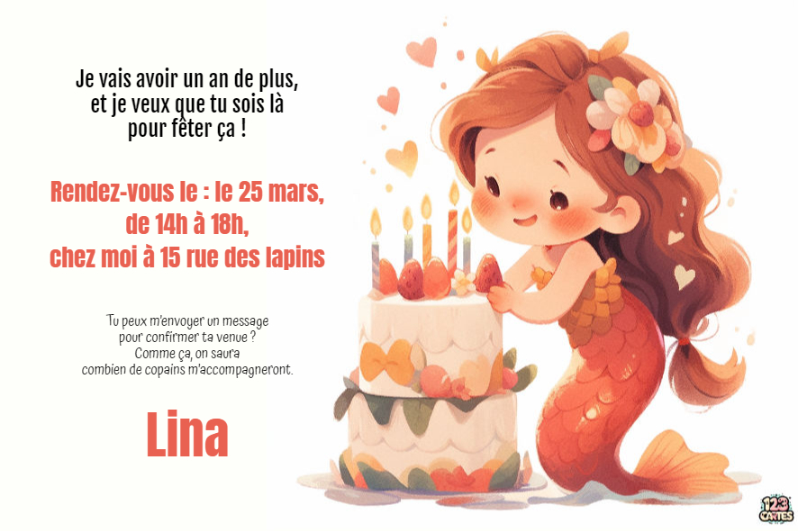 petite sirène et gâteau d'anniversaire invitation