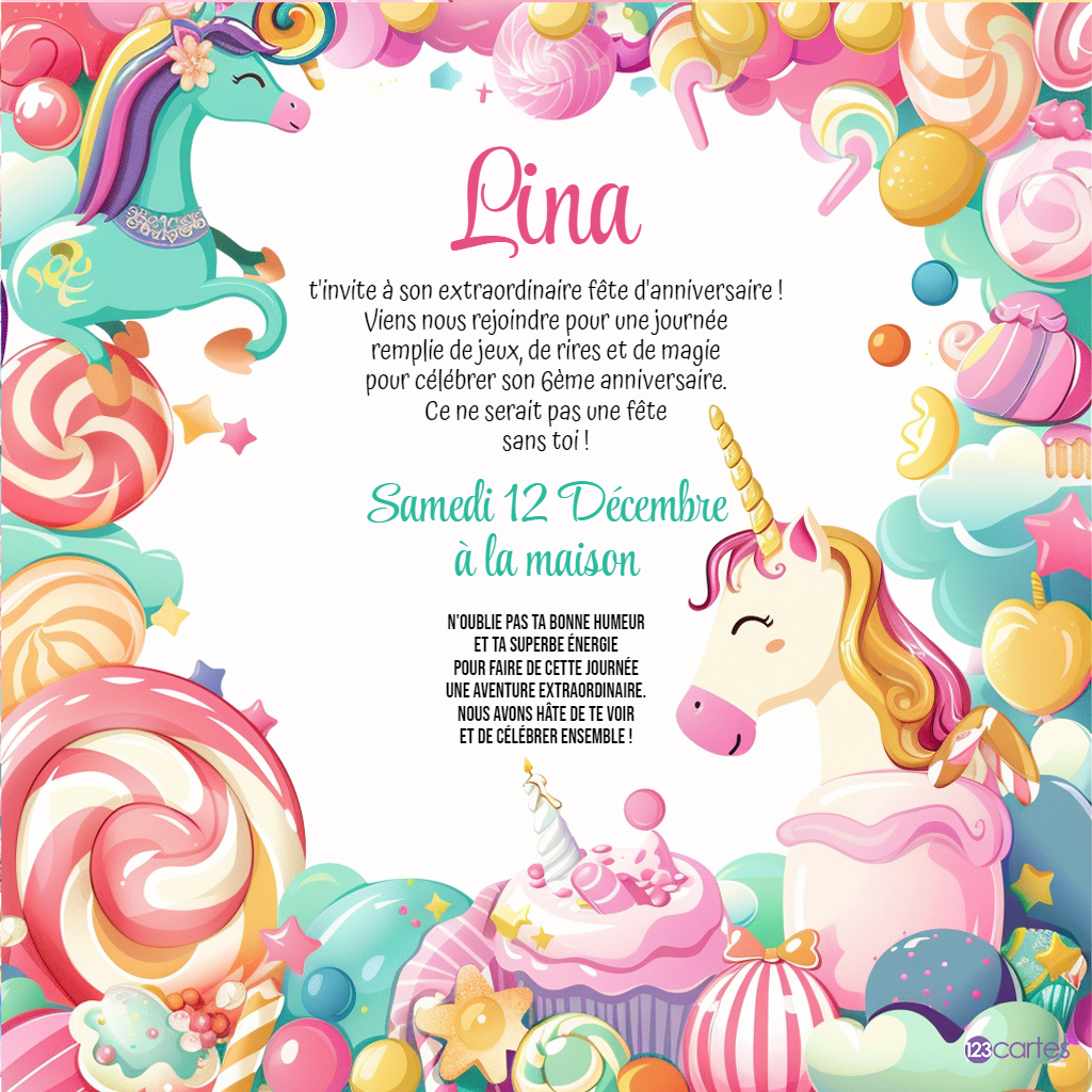 Voyage dans un Univers de Friandises avec les licornes invitation anniversaire