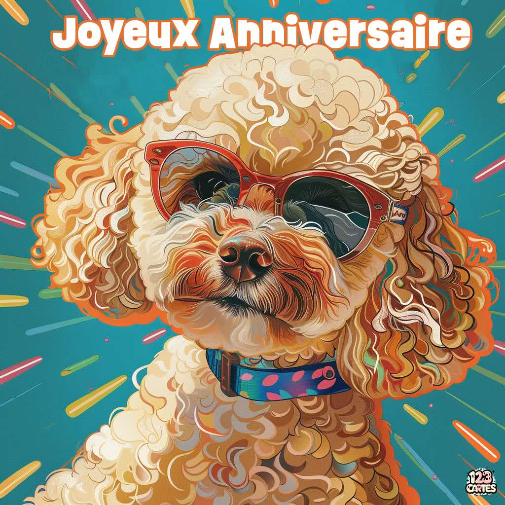 Caniche avec des lunettes de soleil carte joyeux anniversaire