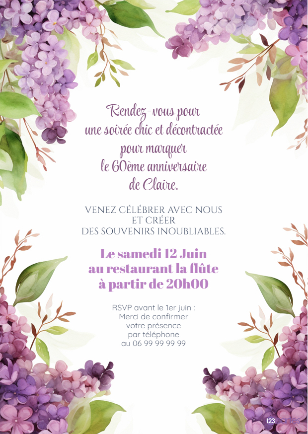 Lilas et Eucalyptus en Aquarelle invitation anniversaire