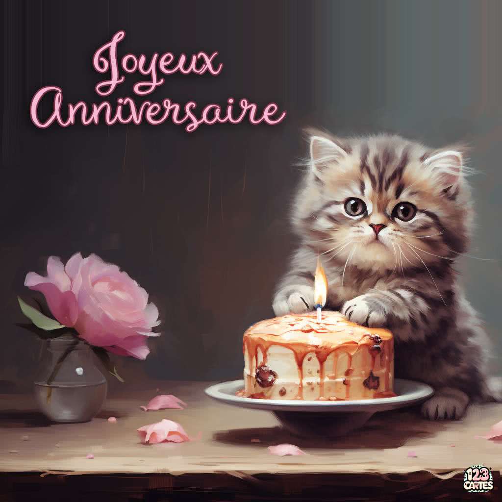 Mignon Chaton et Gâteau d'Anniversaire carte joyeux anniversaire