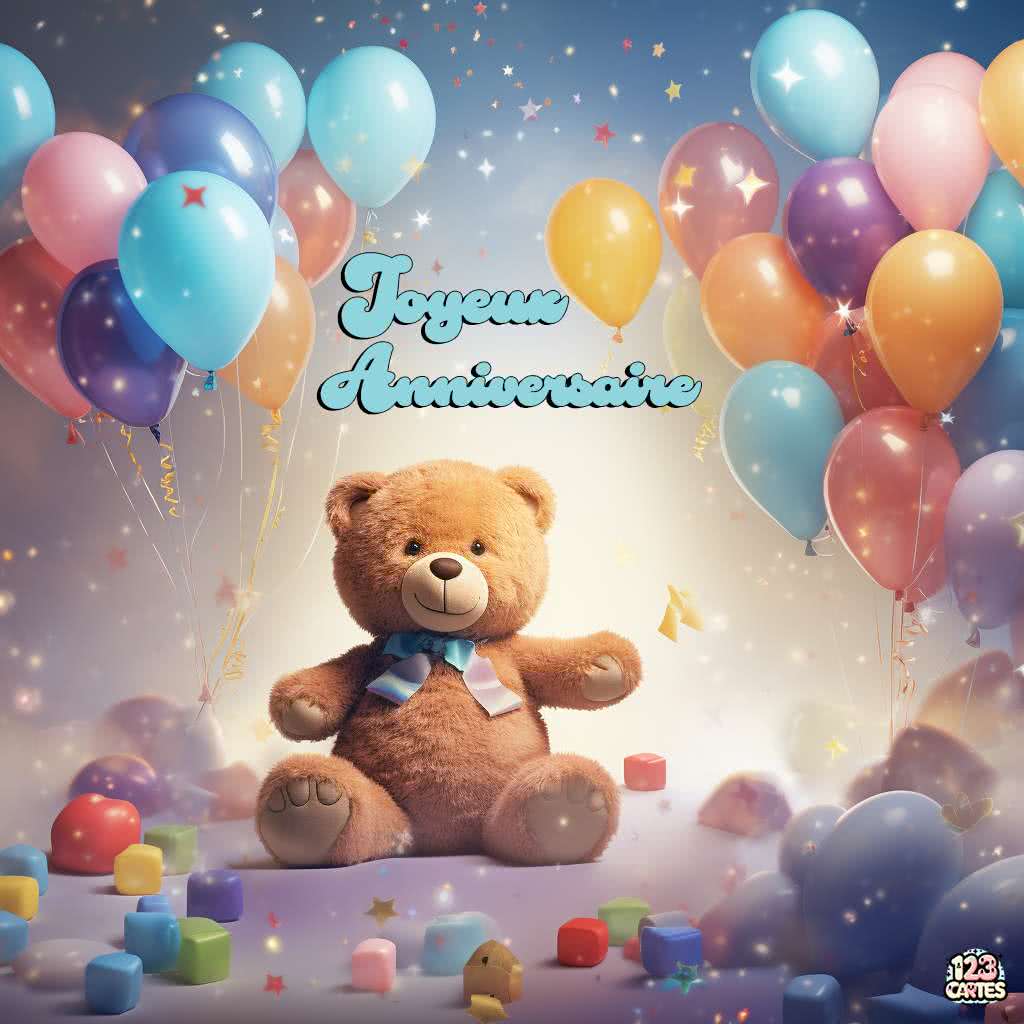 Peluche au pays des ballons carte joyeux anniversaire nounours