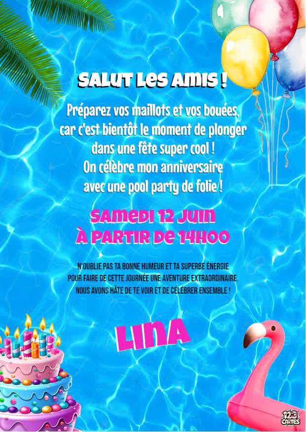 Baignade en piscine paradisiaque invitation anniversaire