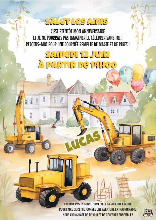 Engins de chantier invitation anniversaire