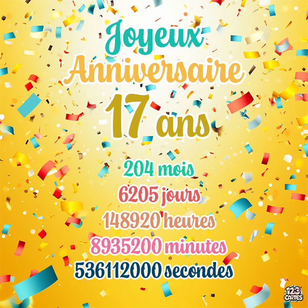 Carte joyeux anniversaire 17 ans avec confettis colorés et chiffres détaillant les années, mois, jours, heures, minutes et secondes