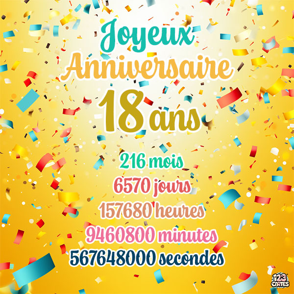 Carte joyeux anniversaire 18 ans avec confettis colorés et chiffres détaillant les années, mois, jours, heures, minutes et secondes