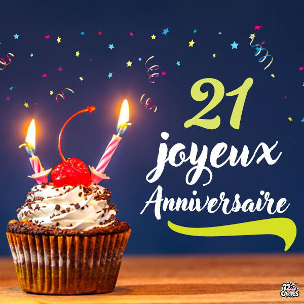 Carte joyeux anniversaire 21 ans avec cupcake décoré de cerises et bougies allumées