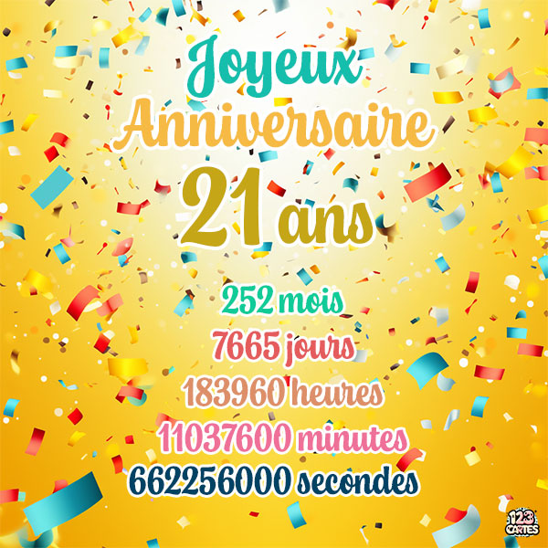 Carte joyeux anniversaire 21 ans avec confettis colorés et chiffres détaillant les années, mois, jours, heures, minutes et secondes