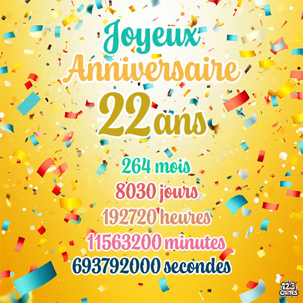 Carte joyeux anniversaire 22 ans avec confettis colorés et chiffres détaillant les années, mois, jours, heures, minutes et secondes