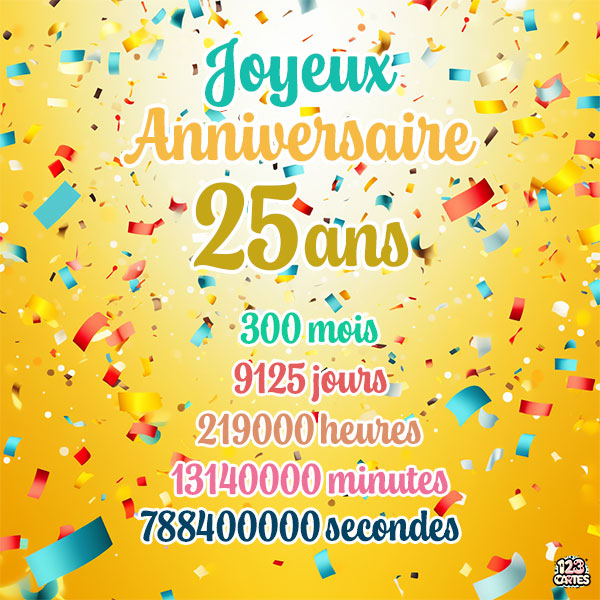 Carte joyeux anniversaire 25 ans avec confettis colorés et chiffres détaillant les années, mois, jours, heures, minutes et secondes