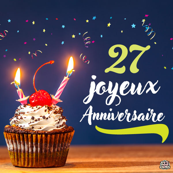 Carte joyeux anniversaire 27 ans avec cupcake décoré de cerises et bougies allumées