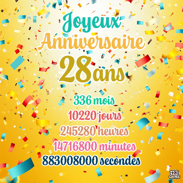 Carte joyeux anniversaire 28 ans avec confettis colorés et chiffres détaillant les années, mois, jours, heures, minutes et secondes