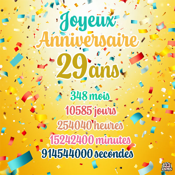 Carte joyeux anniversaire 29 ans avec confettis colorés et chiffres détaillant les années, mois, jours, heures, minutes et secondes