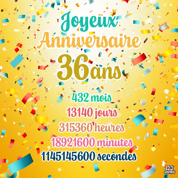 Carte joyeux anniversaire 36 ans avec confettis colorés et chiffres détaillant les années, mois, jours, heures, minutes et secondes