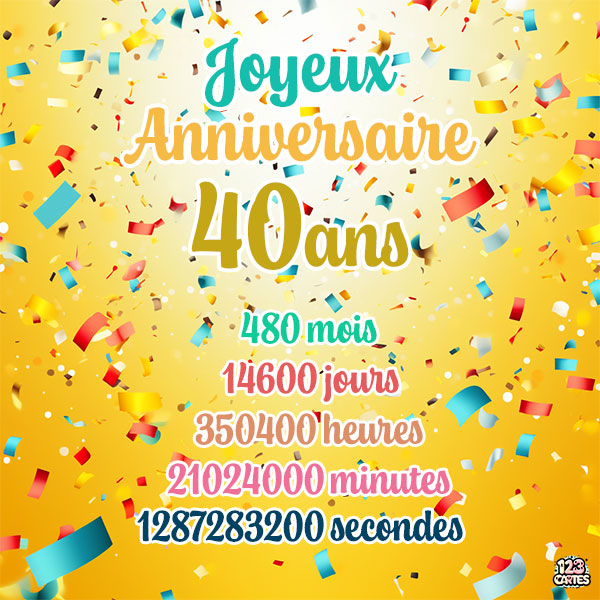 Carte joyeux anniversaire 40 ans avec confettis colorés et chiffres détaillant les années, mois, jours, heures, minutes et secondes