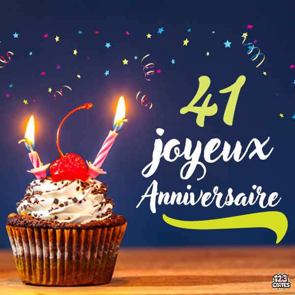 Carte joyeux anniversaire 41 ans avec cupcake décoré de cerises et bougies allumées