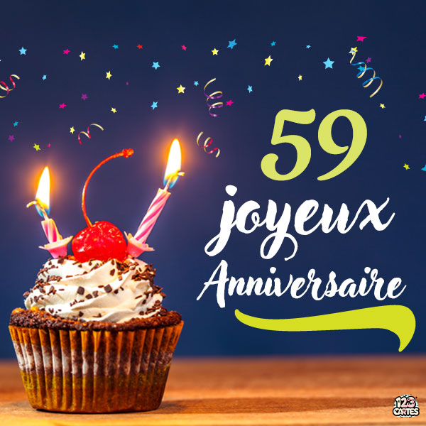 Carte joyeux anniversaire 59 ans avec cupcake décoré de cerises et bougies allumées